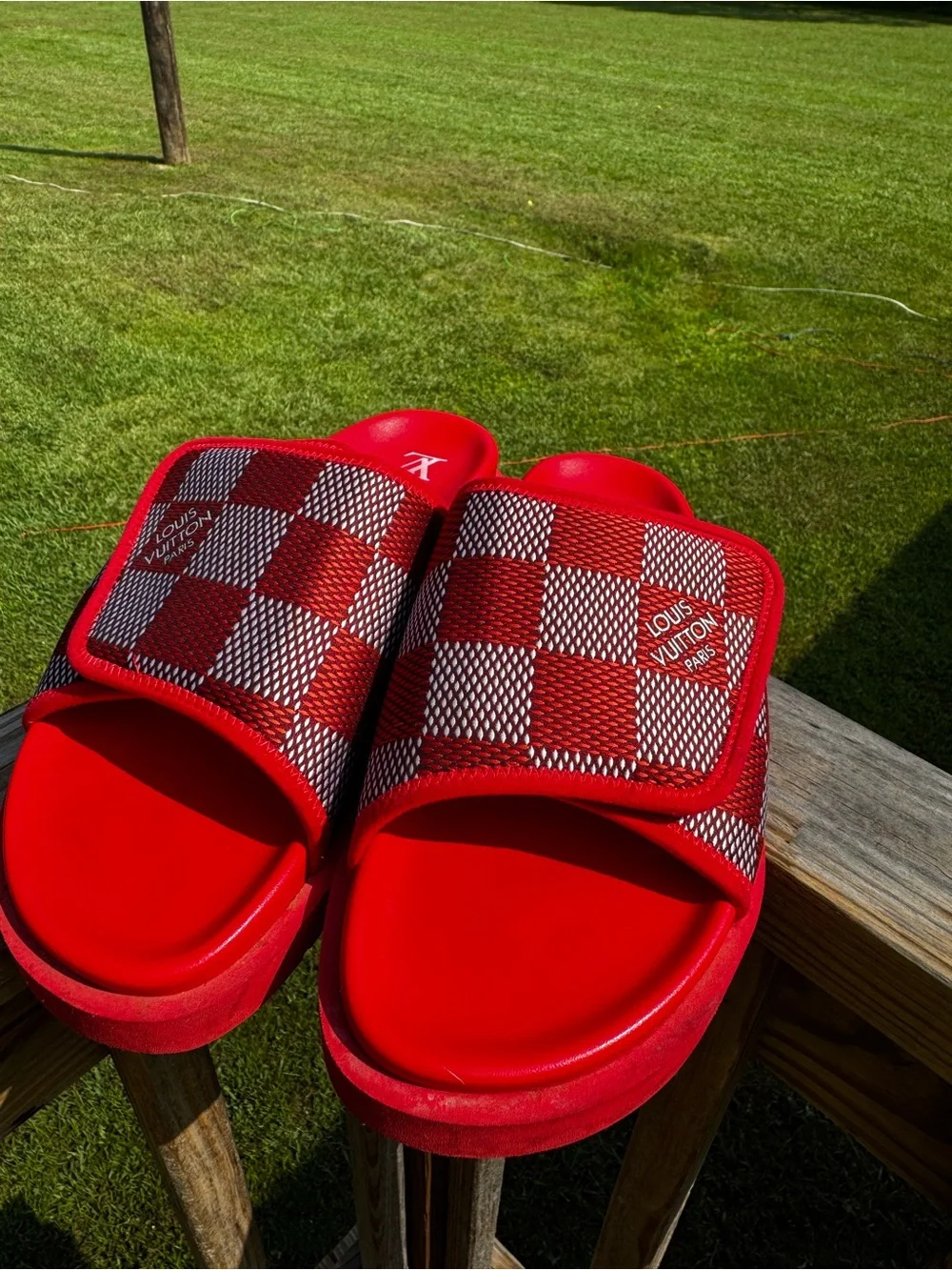 Louis Vuitton Red Checker Slide Sandals